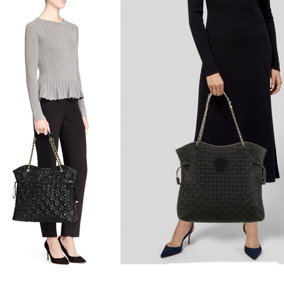 Tory Burch Marion Quilted Leather Slouchy Tote/Shoulder Bag in Black - Picture 10 of 13